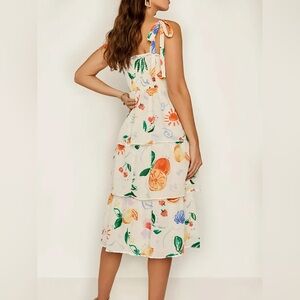 Crystal Doll White Tiered Midi Dress with Orange & Green Fruit Print